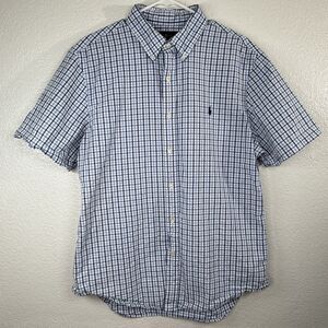 Polo Ralph Lauren Button Down Men XL Blue Check Short Sleeve Slim Fit Seersucker